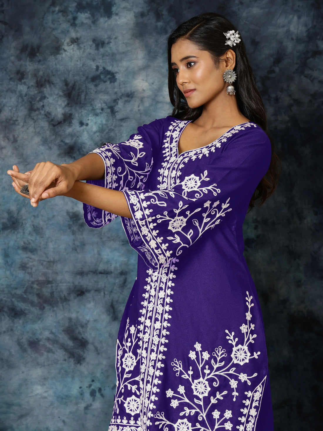 Purple Cotton Blend Chikankari Embroidery A-Line Co-ords set