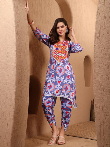 Blue Poly Rayon Printed and Embroidered Assymetrical Cord Set