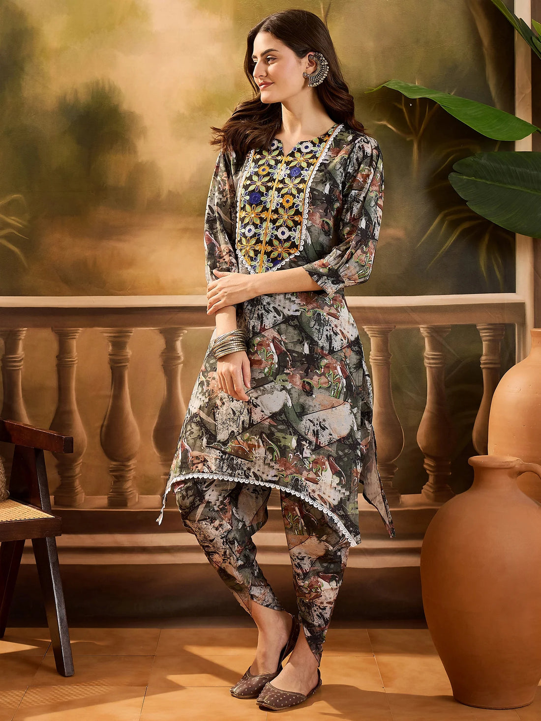 Green Poly Rayon Printed and Embroidered Assymetrical Cord Set
