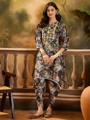 Green Poly Rayon Printed and Embroidered Assymetrical Cord Set