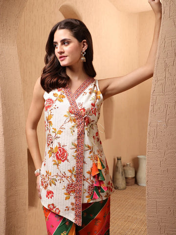 Cream Silk Blend Floral Print Angrakha Knot Kurta With Palazzo Set