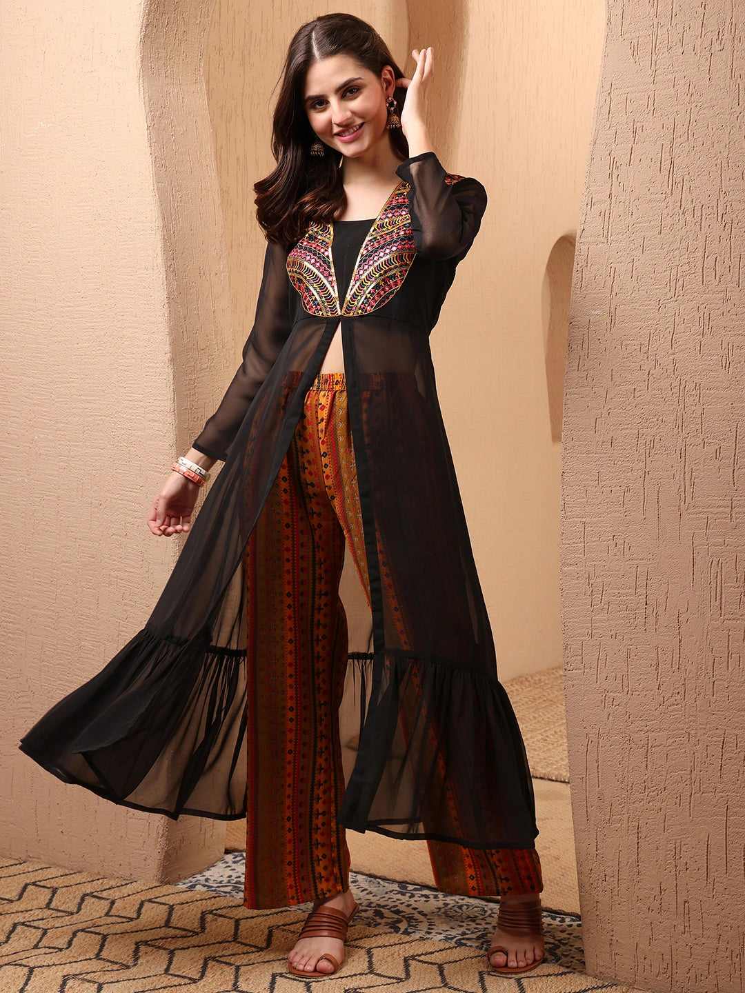 Black Georgette Embroidered High Front Slit A-Line Co-ords Set