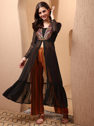 Black Georgette Embroidered High Front Slit A-Line Co-ords Set