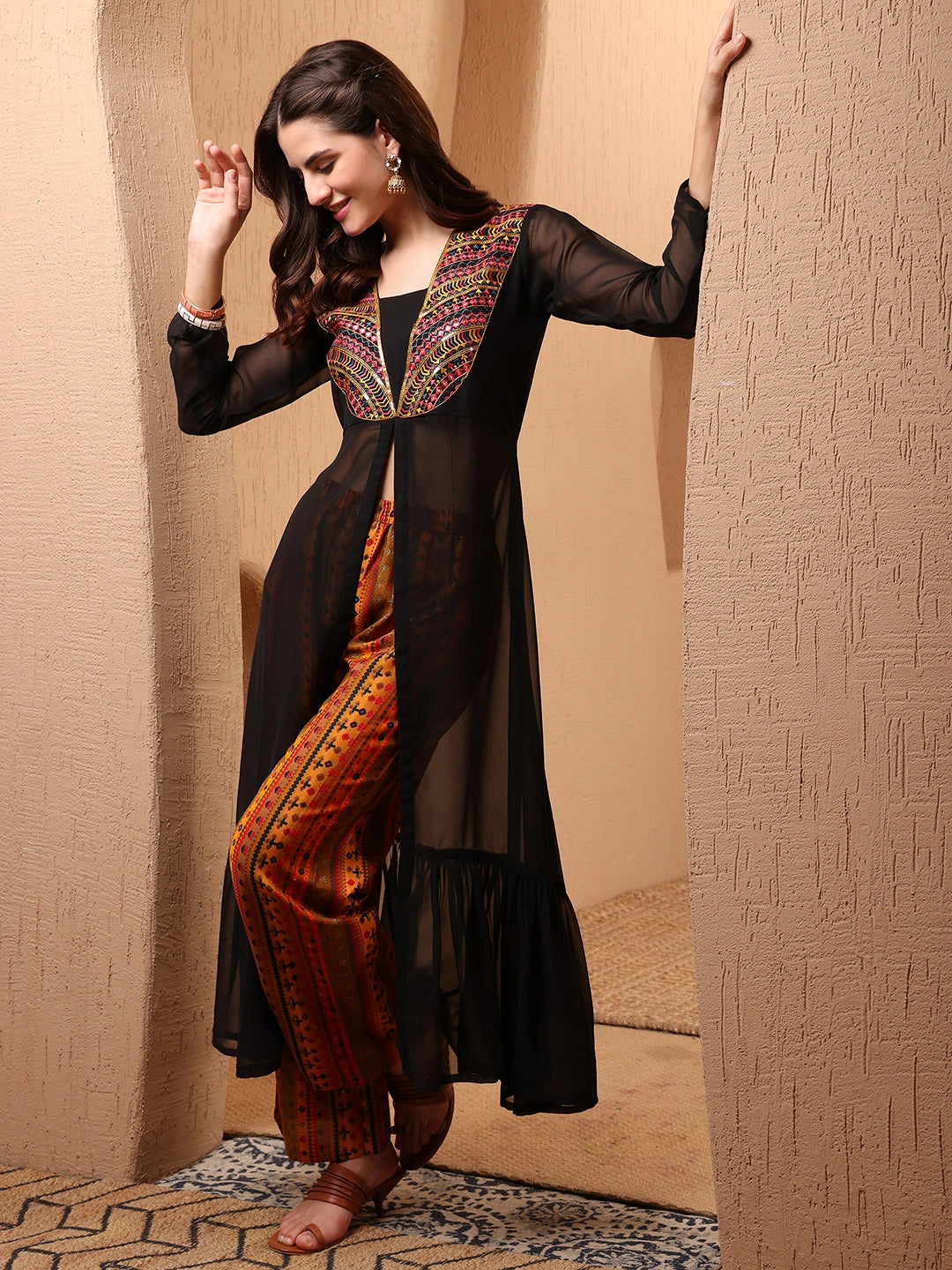 Black Georgette Embroidered High Front Slit A-Line Co-ords Set