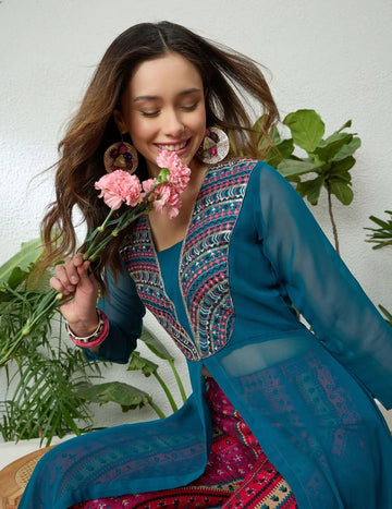 Rama Georgette Embroidered Hight Front Slit A-Line Co-ords Set | Kurta Palazzo Set