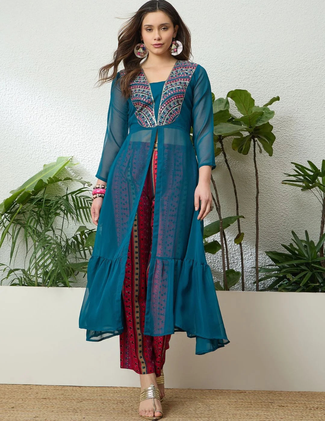 Rama Georgette Embroidered Hight Front Slit A-Line Co-ords Set | Kurta Palazzo Set