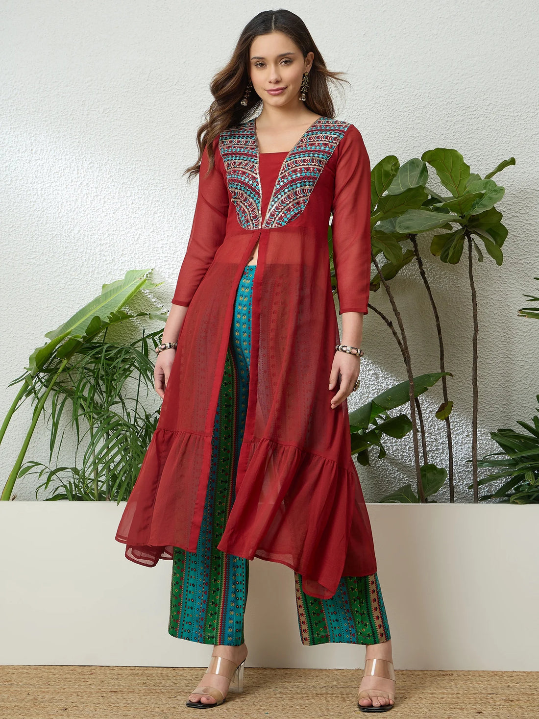 Rust Georgette Embroidered Hight Front Slit Navratri Special A Line Kurta With Printed Palazzo