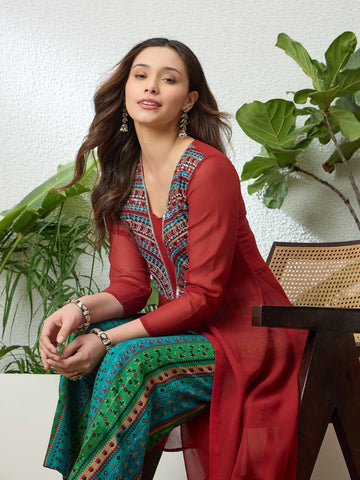Rust Georgette Embroidered Hight Front Slit Navratri Special A Line Kurta With Printed Palazzo
