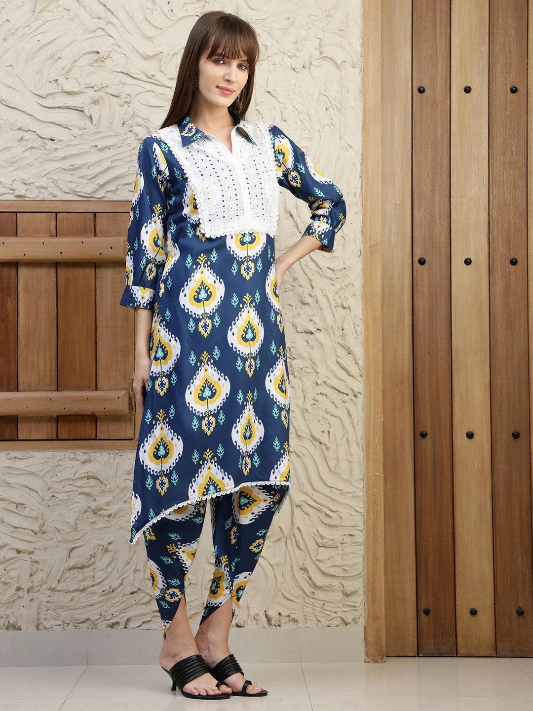 Navy Blue Silk Blend Printed and schiffli Assymetrical Kurta with Dhoti Pant Set