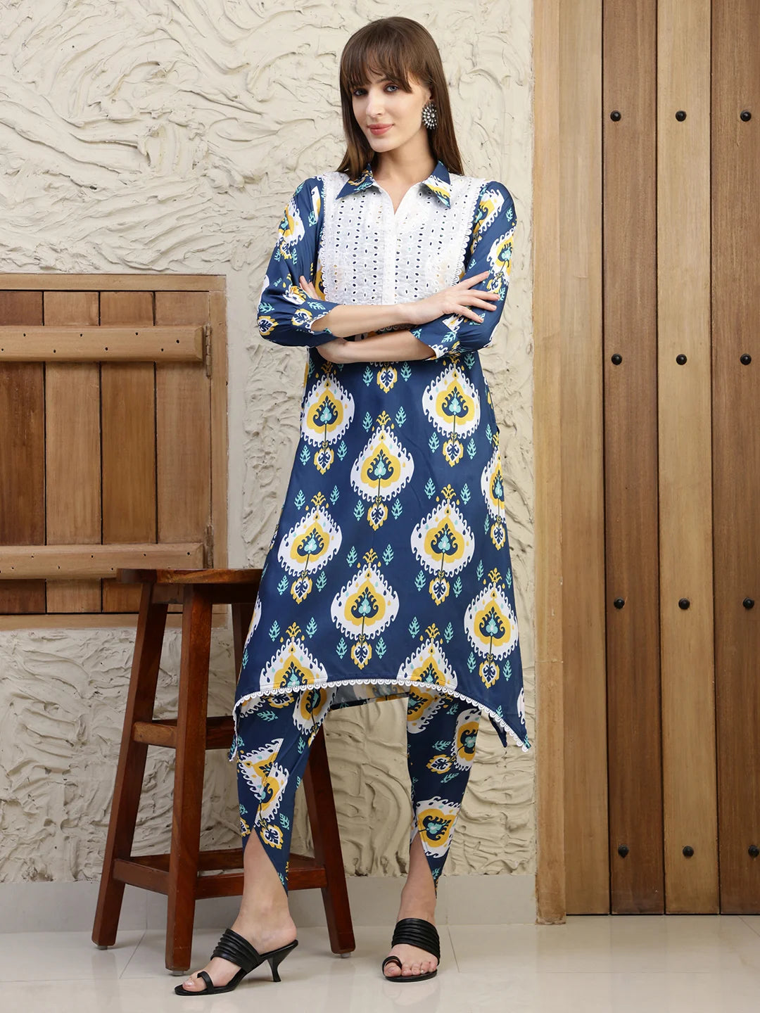 Navy Blue Silk Blend Printed and schiffli Assymetrical Kurta with Dhoti Pant Set