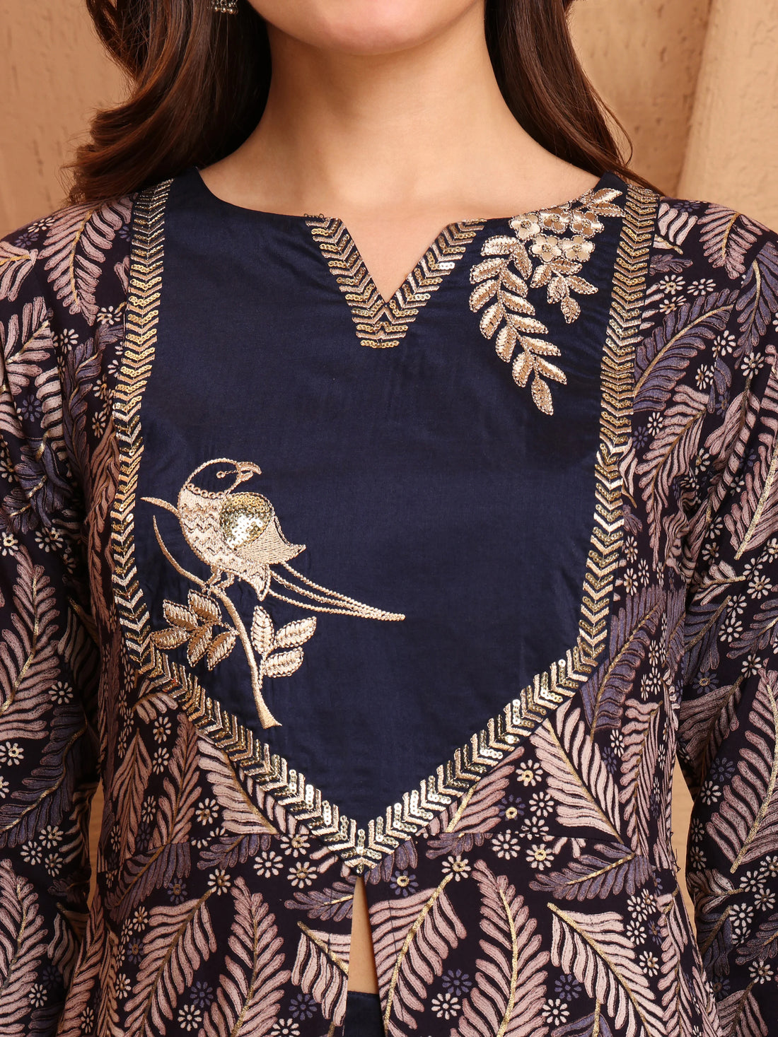 Navy Viscose Rayon Embroidered  A-line front Slit Coord Set