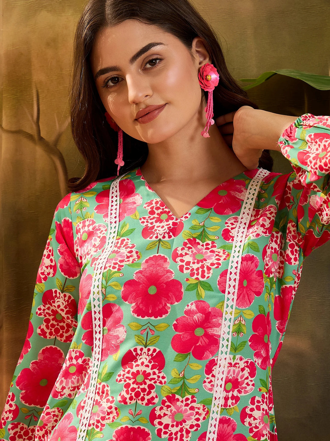 Mint-Green Poly Rayon Floral Print Summer Wear Straight Short Kurti With Pant Set