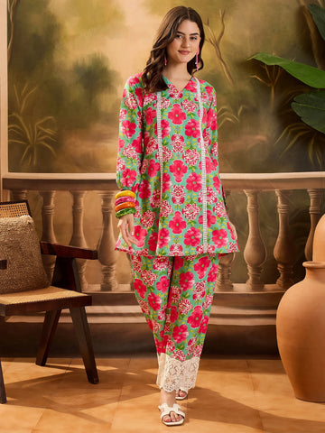 Mint-Green Poly Rayon Floral Print Summer Wear Straight Short Kurti With Pant Set