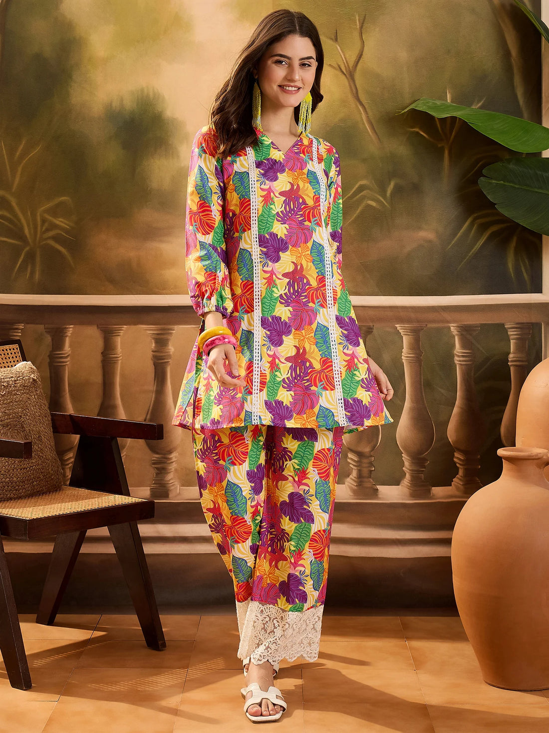 Mustard Poly Rayon Floral Print Summer Wear Straight Short Kurti With Pant Set