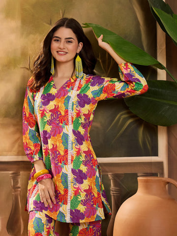 Mustard Poly Rayon Floral Print Summer Wear Straight Short Kurti With Pant Set