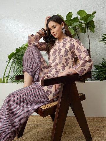 Beige Linen Floral Print Short Kurti With Farshi Pant Set