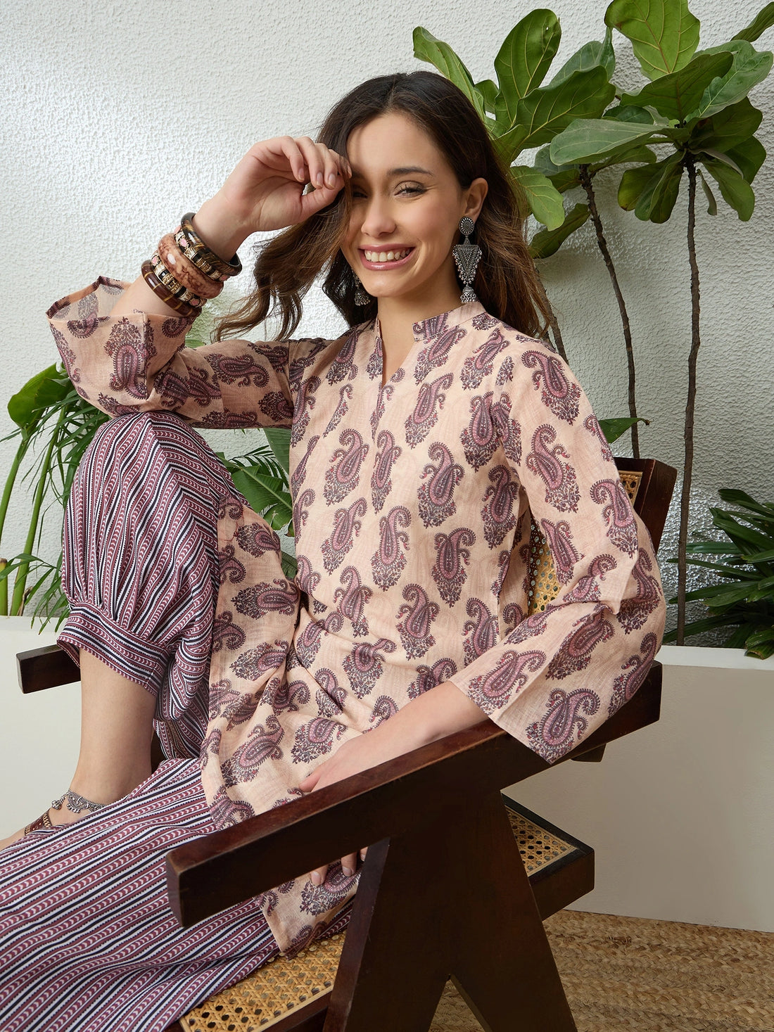 Beige Linen Floral Print Short Kurti With Farshi Pant Set