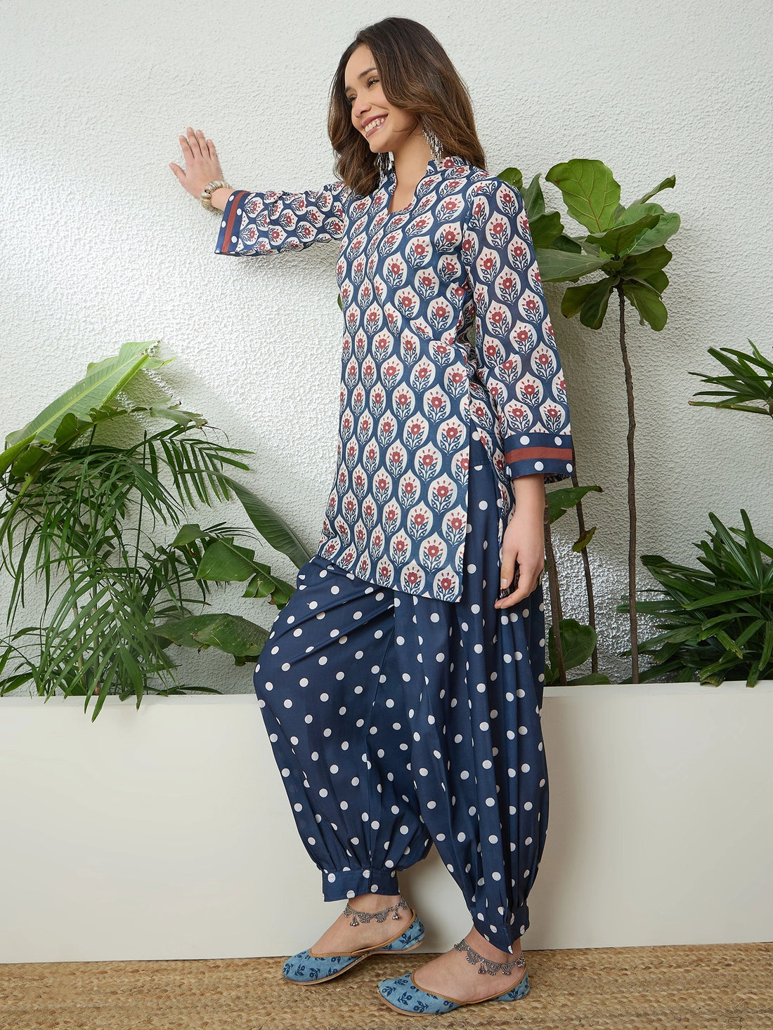 Blue Linen Floral and Polka Dot Print Short Kurti With Farshi Pant Set