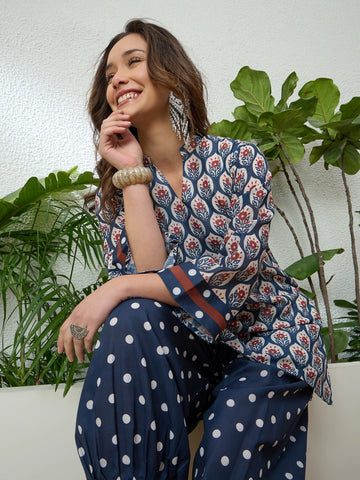 Blue Linen Floral and Polka Dot Print Short Kurti With Farshi Pant Set