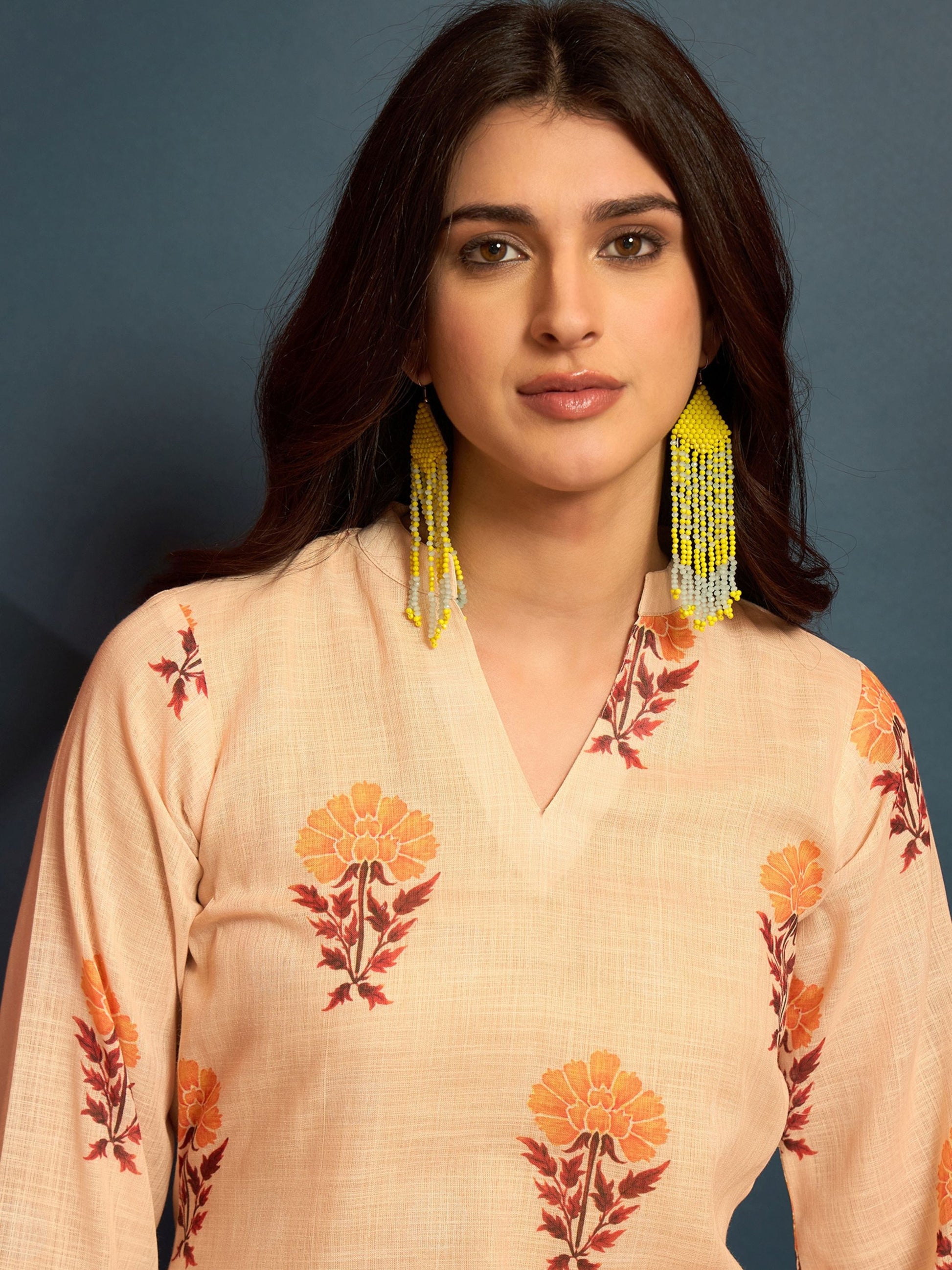 Youthnic beige linen floral kurti — side profile view