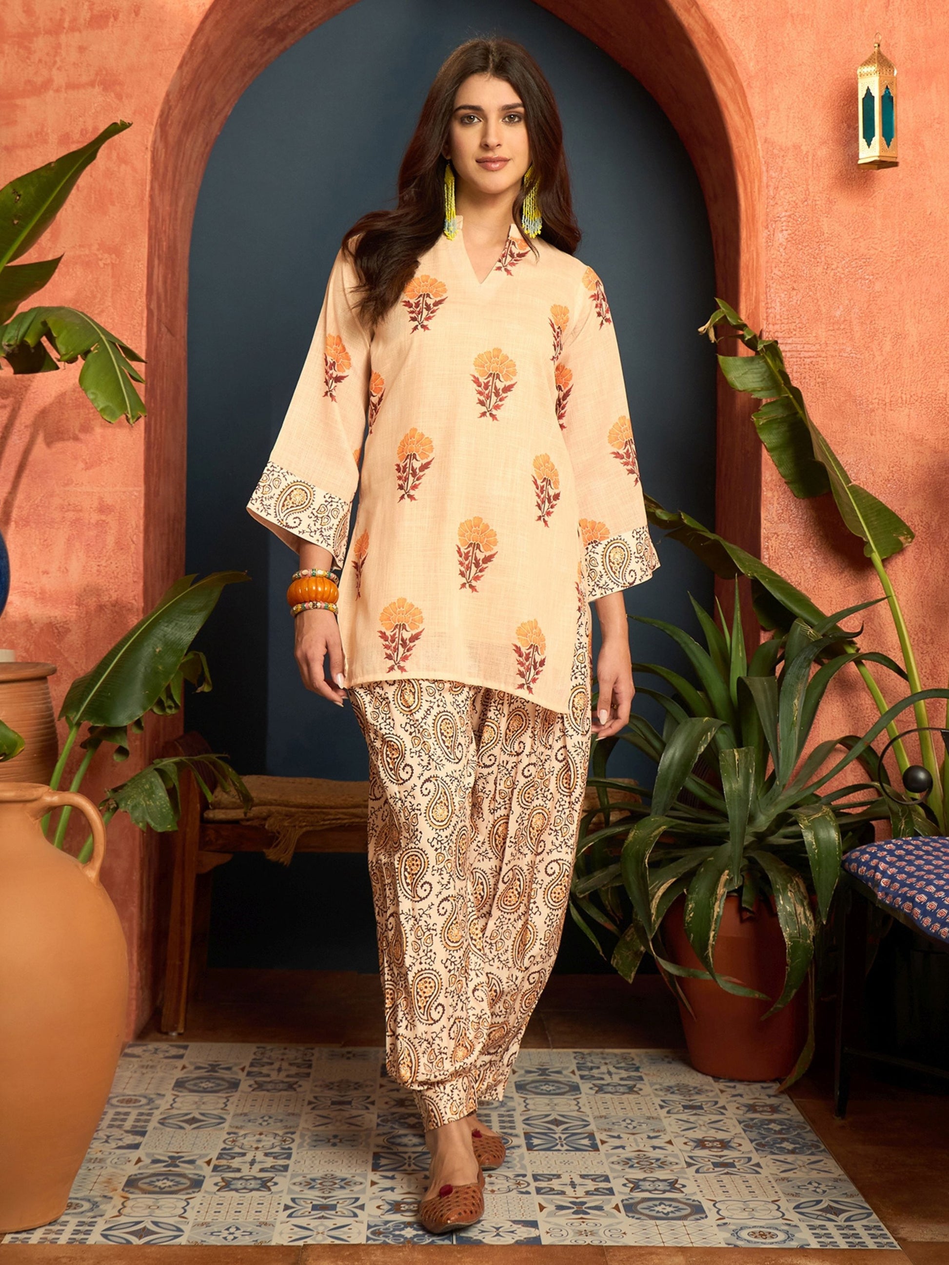 Youthnic beige linen kurti farshi — back view