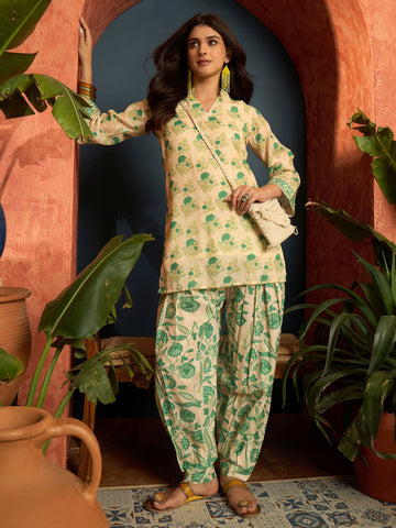 Cream Linen Floral Print Summer Wear Straight Short Kurti With Farshi Set