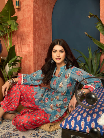Dusty Blue Linen Floral Print Summer Wear Straight Short Kurti With Farshi Set