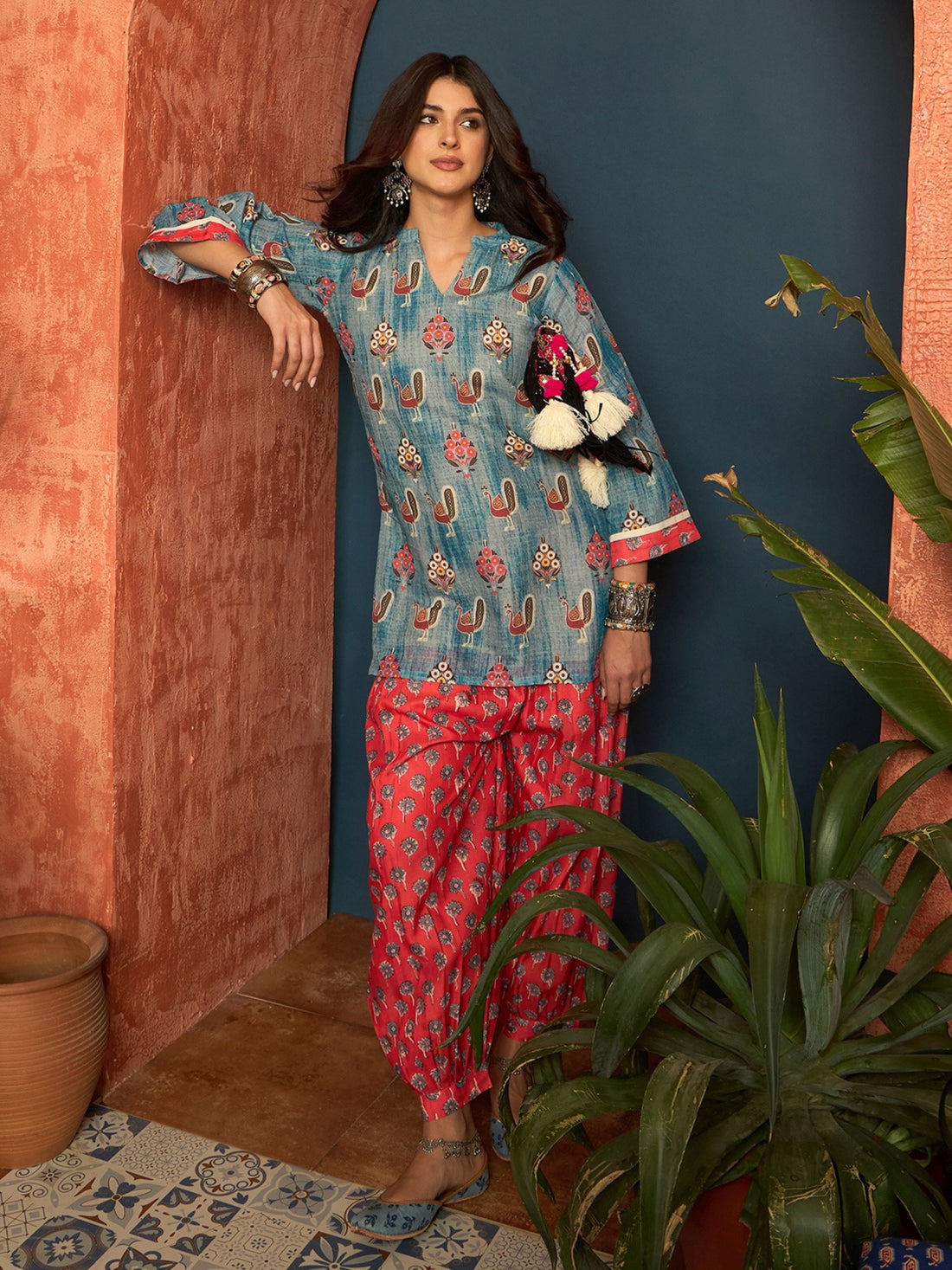 Dusty Blue Linen Floral Print Summer Wear Straight Short Kurti With Farshi Set