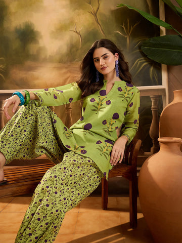 Green Linen Floral Print Summer Wear Straight Short Kurti With Afghani Pant Set
