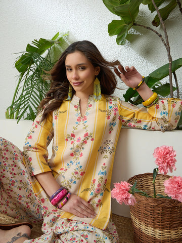 Lemon Yellow Linen Floral Print Summer Wear Straight Short Kurti With farshi Salwar Set