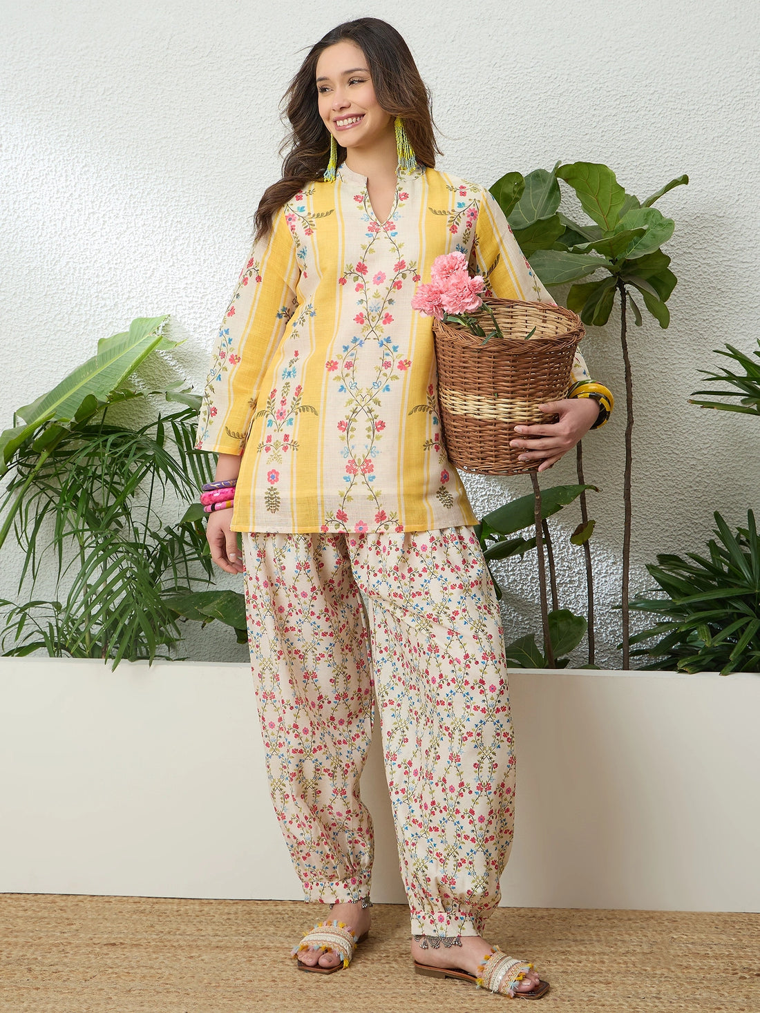 Lemon Yellow Linen Floral Print Summer Wear Straight Short Kurti With farshi Salwar Set