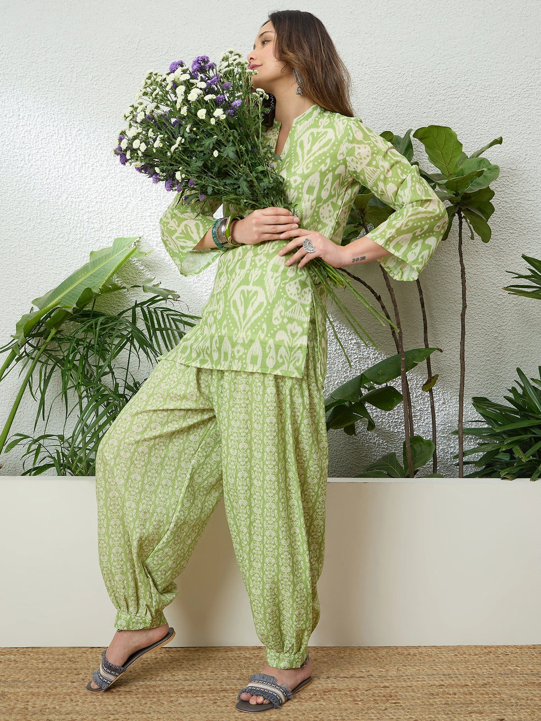 Mehendi Linen Floral Print Kurta With Farshi Pant Set
