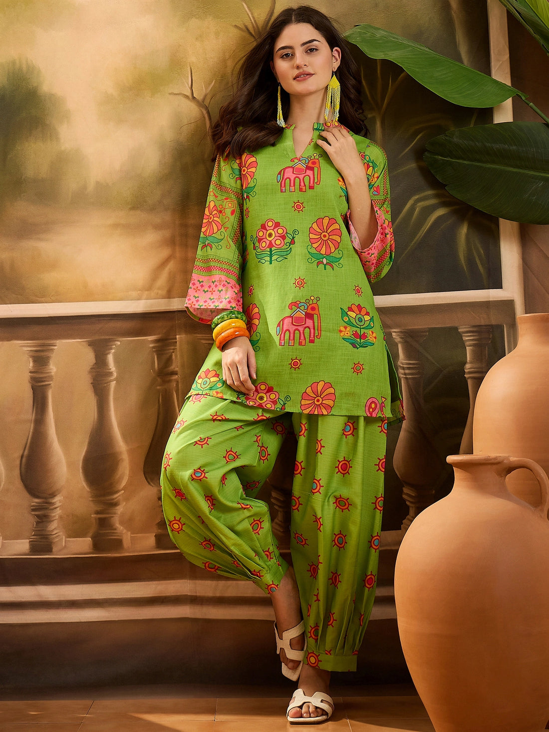 Parrot Green Linen Floral Print Summer Wear Straight Kurta With Afghani Pant Set