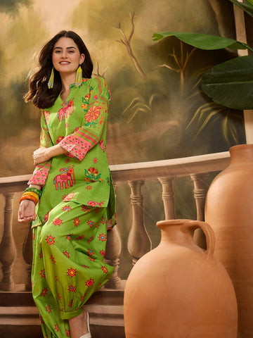 Parrot Green Linen Floral Print Summer Wear Straight Kurta With Afghani Pant Set
