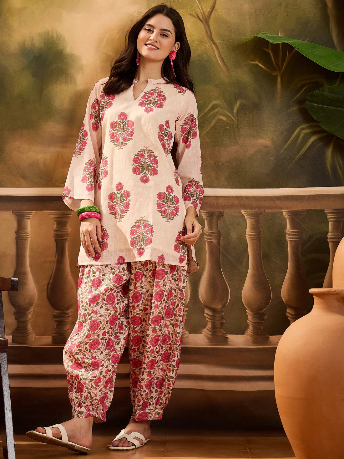 Peach Linen Floral Print Summer Wear Straight Short Kurti With Afghani Pant Set