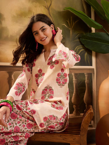 Peach Linen Floral Print Summer Wear Straight Short Kurti With Afghani Pant Set