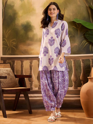 Purple Linen Floral Print Summer Wear Straight Short Kurti With Afghani Pant Set
