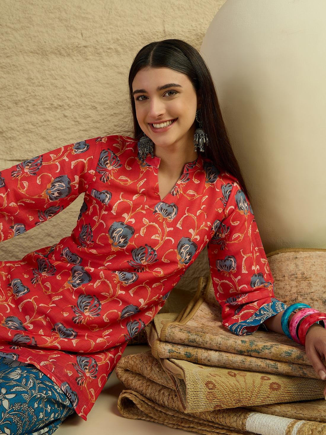Red Linen Floral Print Straight Short Kurti With Farshi Set