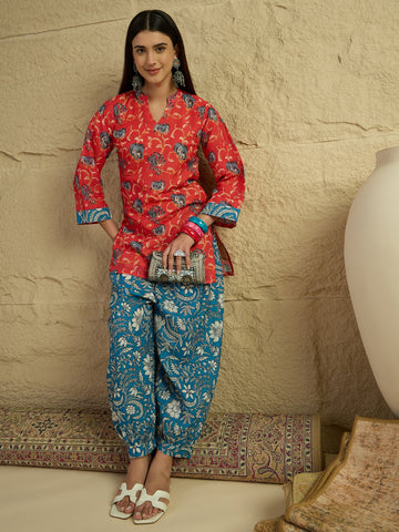 Red  Linen Floral Print Summer Wear Straight Short Kurti With Farshi Set