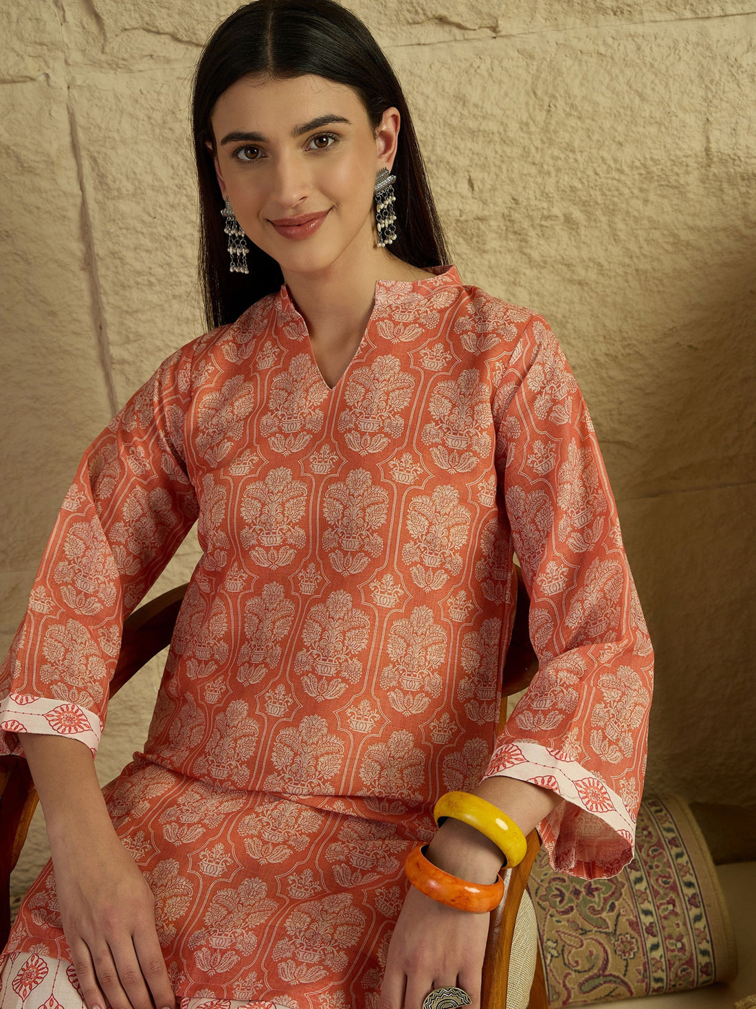 Rust Linen Floral Print Straight Short Kurti With Farshi Set