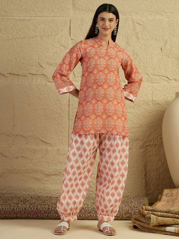 Rust Linen Floral Print Summer Wear Straight Short Kurti With Farshi  Set