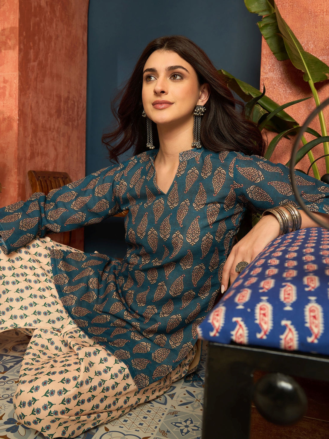 Teal Linen Floral Print Straight Short Kurti With Farshi Set