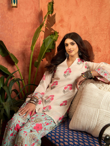 White Linen Floral Print Summer Wear Straight Short Kurti With Farshi Set