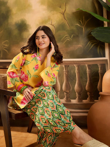 Yellow Linen Floral Print Summer Wear Straight Short Kurti With Afghani Pant Set
