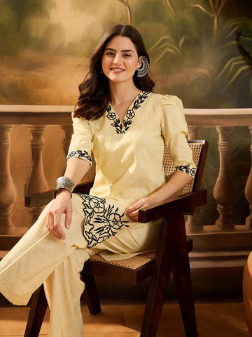 Yellow Cotton Blend Embroidered Straight Co-ords Set
