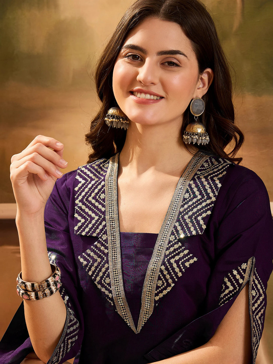 Purple Cotton Silk Embroidered Straight Kurta Palazzo Set