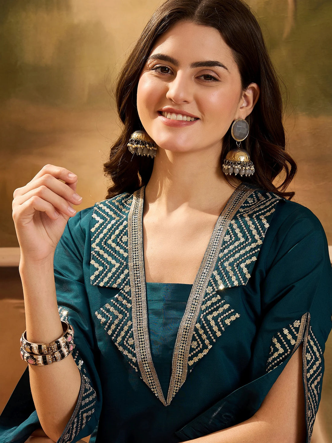 Teal Cotton Silk Embroidered Straight Kurta Palazzo Set