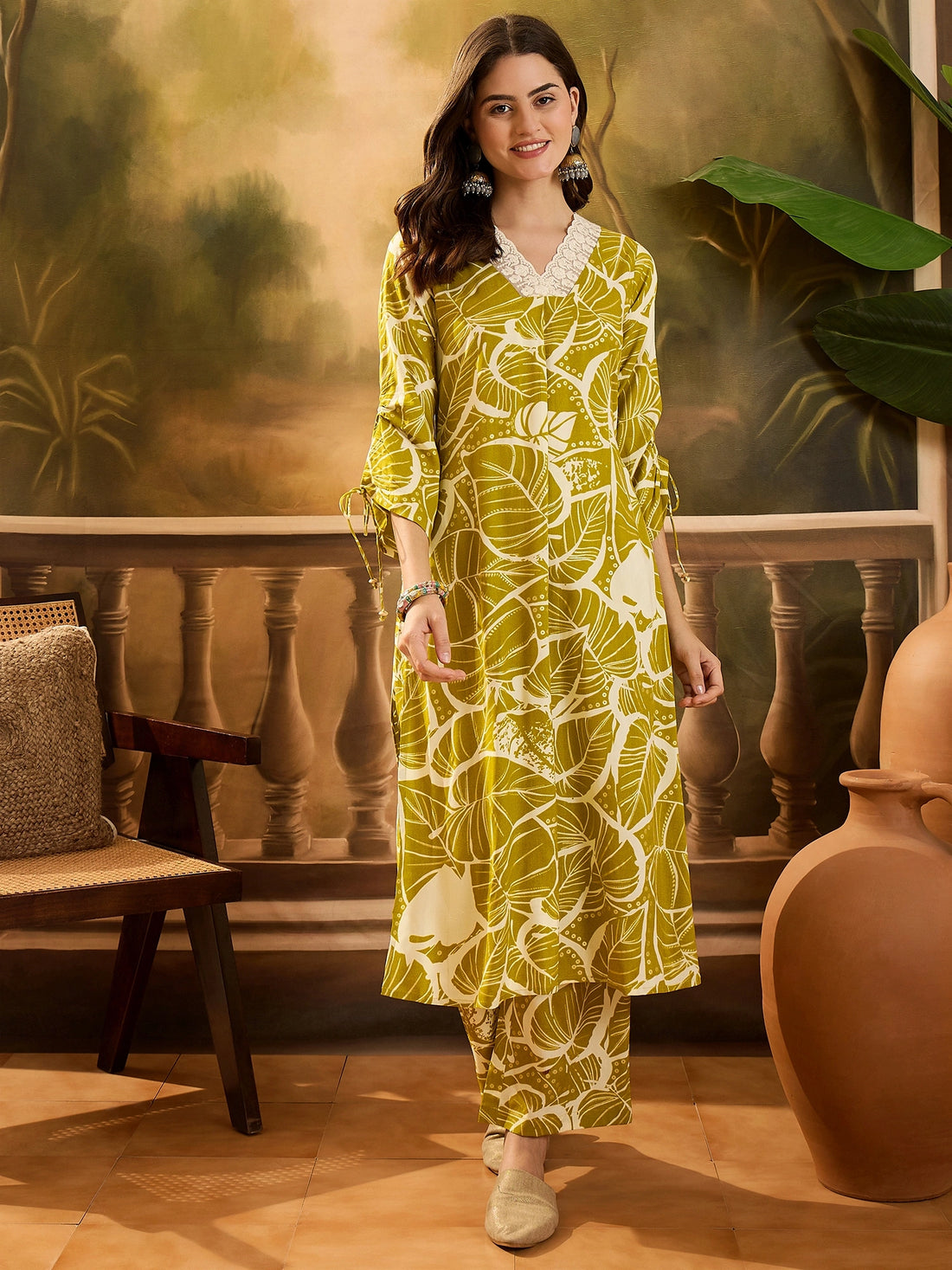 Parrot Green Viscose Rayon Embroidered A-Line Kurta Palazzo Co-ord Set