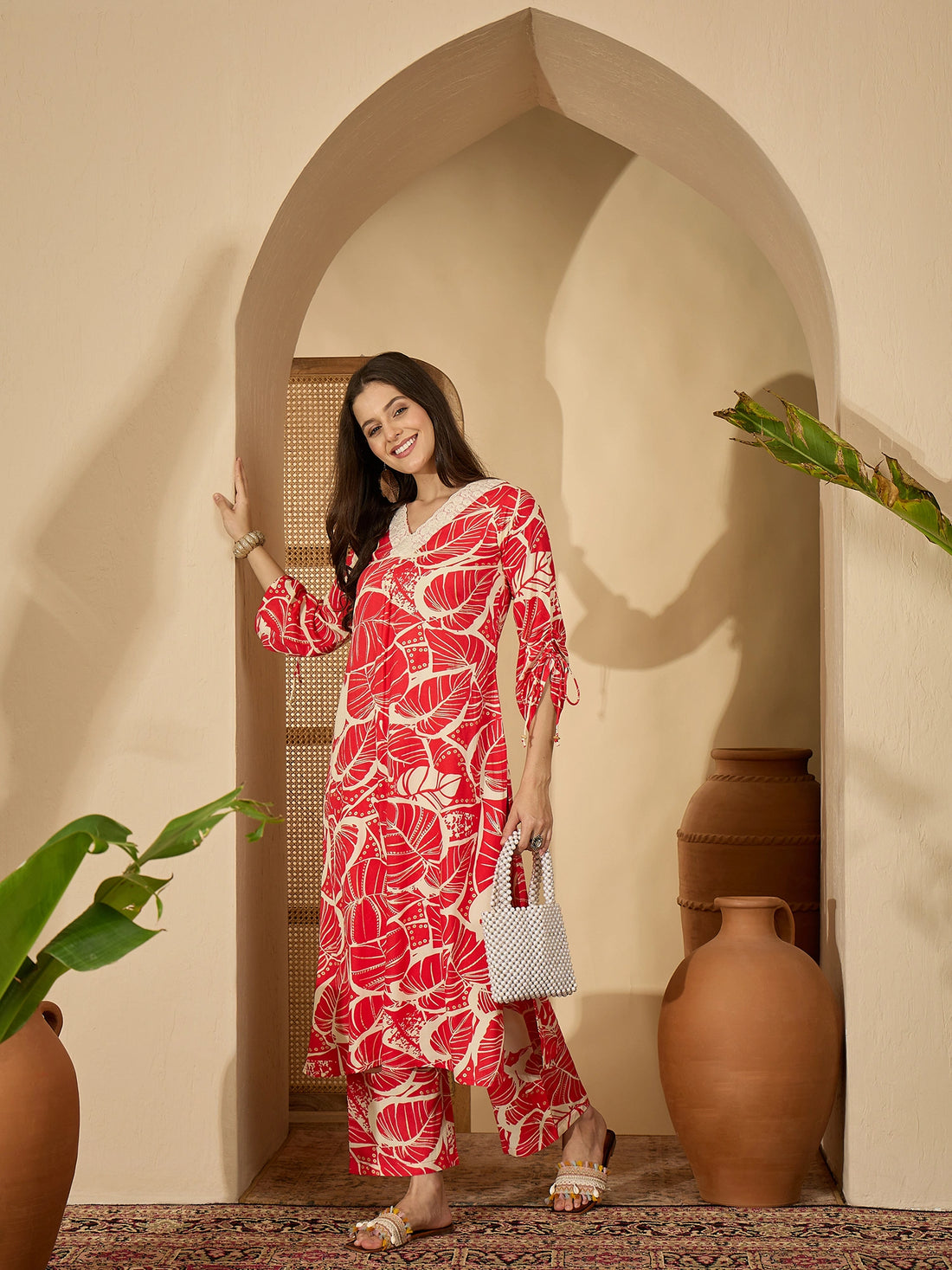 Red Viscose Rayon Printed V-Neck Co-ords set