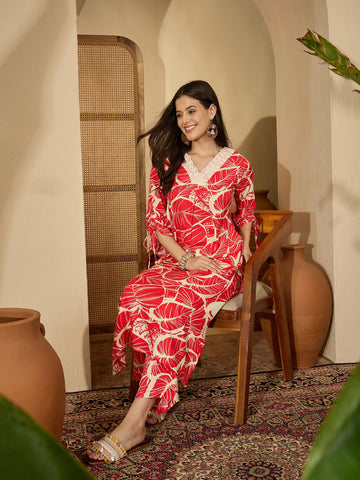 Red Viscose Rayon Printed V-Neck Co-ords set